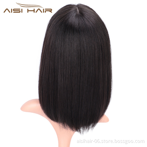 Aisi Hair 14 Inch Black Short Bob Human Hair Wig 100% Brazilian Silky Straight Human Hair Silk Base Wigs For White Black Women